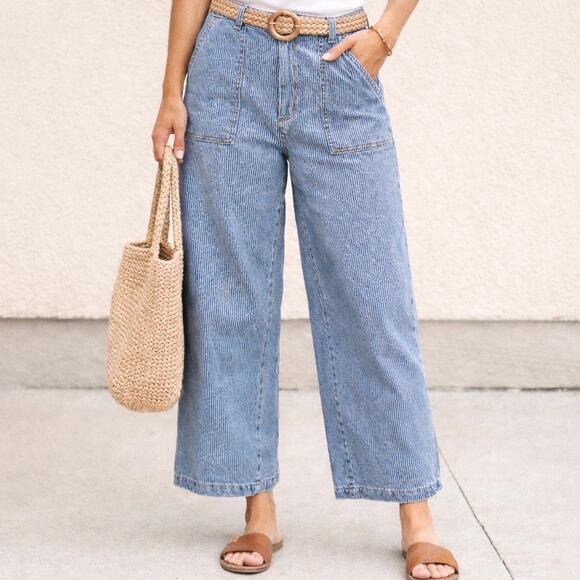 Universal Thread Denim - Universal Thread Striped Wide Leg Crop Jeans Blue Railroad Utility Size 12